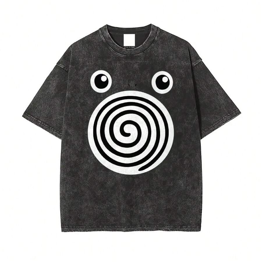 Unisex Washed Cotton T-Shirt With Cartoon Print Of Big Eyes In A Spiral - Vintage Retro Anime Style, Casual Urban Aesthetic For Everyday Wear - 黑色 - 查看 1