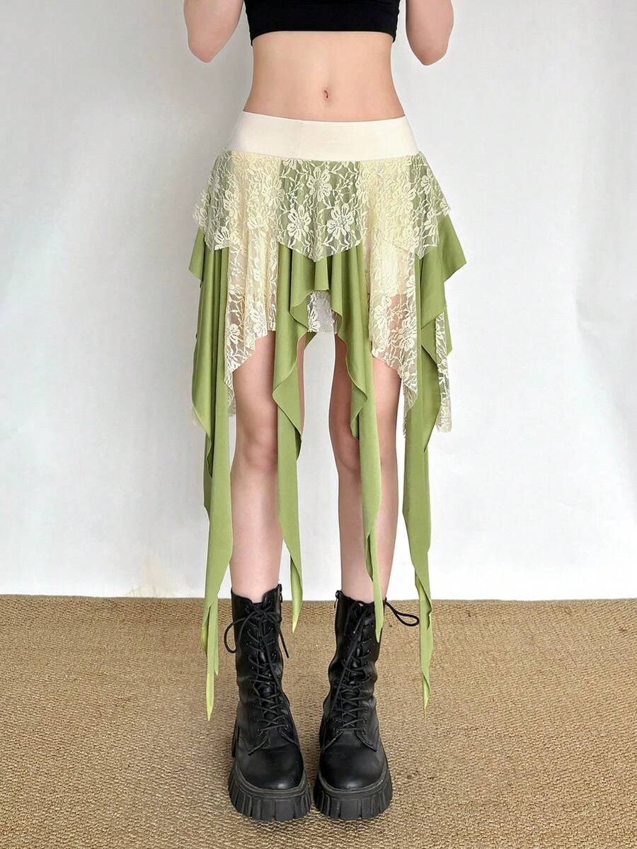 Women's Summer Fashion Vacation Style Contrast Lace Asymmetrical Hem Colorblock Skirt - Green - View 1