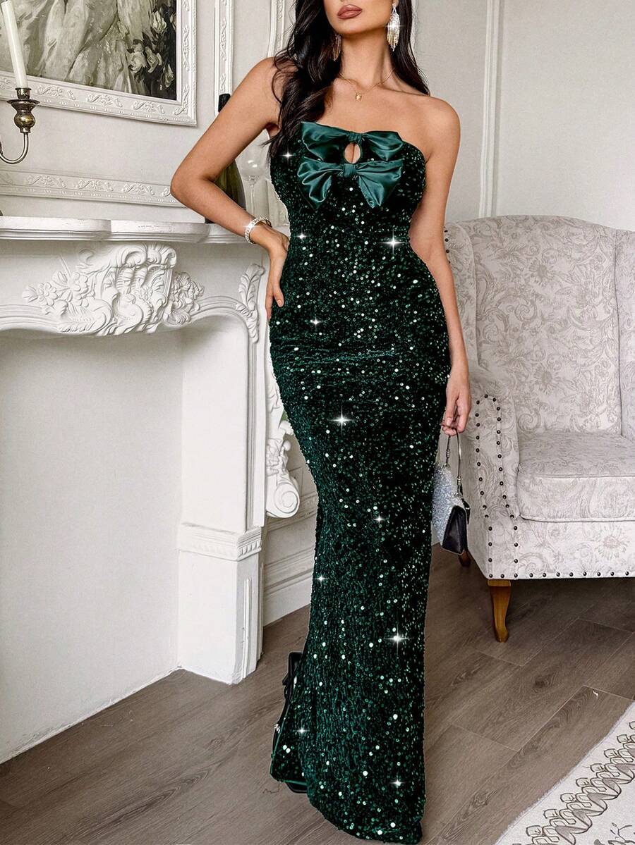 New Women's Autumn-Winter Long Evening Dress, Elegant And Sexy, Tube Top, Flattering Design, Perfect For Gala Parties, Red Carpets, Weddings And Formal Winter Events - 軍綠色 - 查看 1