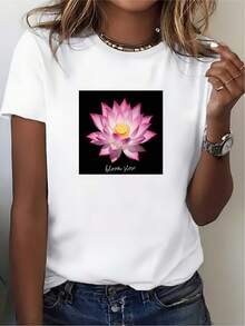 Camiseta de Mujer con Patrón de Loto Suave de 180G - Regalo Perfecto para Festivales de Verano, Salidas Familiares Informales y Eventos de Empresa - Blanco - Ver 1