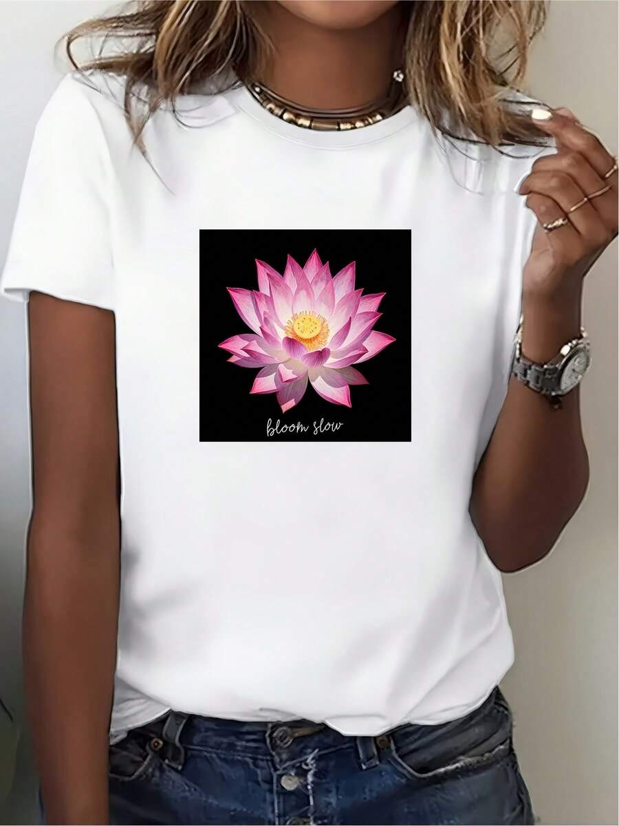 Camiseta de Mujer con Patrón de Loto Suave de 180G - Regalo Perfecto para Festivales de Verano, Salidas Familiares Informales y Eventos de Empresa - Blanco - Ver 1