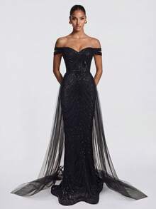 LOVE&LEMONADE Black Elegant Off Shoulder Flowing Mesh Patchwork Backless Criss-Cross Tie Mermaid Long Wedding Dress - Black - View 3
