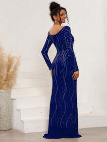 NIKBK Vestido de gala formal ajustado hasta el suelo de manga larga en azul real con perlas falsas y rhinestones con diseño de sirena - azul real - Ver 7