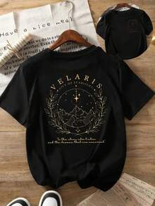 [VELARIS Women's Printed Top] VELARIS Women's Casual Top - Fashionable Short-Sleeve Summer Essential With Front And Back Prints, City Lights Print, Round Neck, Comfortable Fit, Classic Design - Women's Short-Sleeve T-Shirt / 100% Cotton - 黑色 - 查看 1