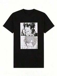 Gift: Women's Soft And Casual Short-Sleeved T-Shirt With A Round Neck, Classic Print Featuring Two Anime Characters In White With Smiling And Pouting Expressions. - 黑色 - 查看 5