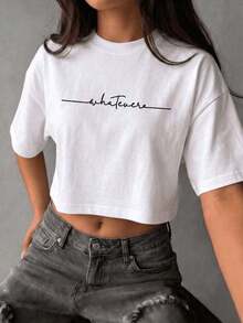 Women's White Short-Sleeved T-Shirt With A Round Neck, Printed With The Word "Whatever". It Has A Slight Stretch, Making It An Ideal Choice For Casual Summer Wear. 100% Cotton. - 白色 - 查看 1