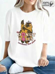 Soft Fashionable Women's White T-Shirt With A Cat Wearing A Crown And The Phrase 'The Donut Holes Unometal Fan Club', Perfect For Casual Outings And Pleasant Events. New Summer Women's T-Shirt, Casual And Comfortable Crew Neck Top - 白色的 - 查看 10
