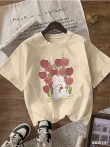 White Rabbit And Wine Tulip T-Shirt, Fashionable Short-Sleeve T-Shirt For Spring/Summer 2026, Made In Mexico, 180 Grams. Cartoon Print, Couple Design, Suitable For Indoor Or Outdoor Wear. Crew Neck, Unisex, Ideal For Office And Leisure. One-Piece Pack. - APR-P631577SLNDXZGY637 - 查看 4