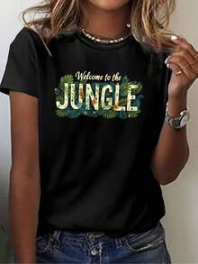 This Is A Short-Sleeved, Crew-Neck T-Shirt With A Jungle Print Design, Perfect For Casual Wear In Summer And Spring, And Designed Specifically For Women. It's Suitable For Elegant Party Outfits, Stylish Ladies, And As A Blouse For Curvy Women. It Can Also Be Paired With Prom Skirts Or Worn Casually. The Adorable Animal Print And Fun Letter Print Make It Easy To Combine With Streetwear. - 黑色 - 查看 1