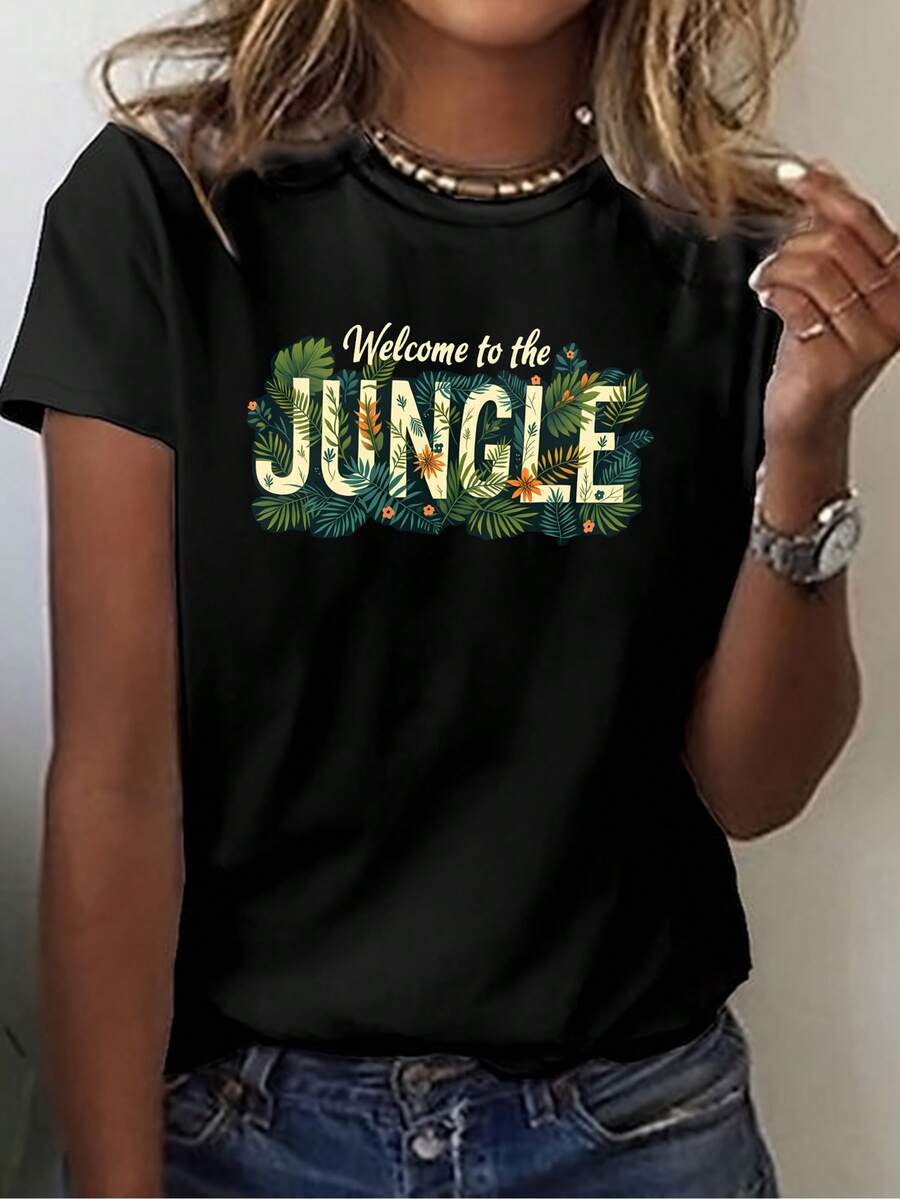 This Is A Short-Sleeved, Crew-Neck T-Shirt With A Jungle Print Design, Perfect For Casual Wear In Summer And Spring, And Designed Specifically For Women. It's Suitable For Elegant Party Outfits, Stylish Ladies, And As A Blouse For Curvy Women. It Can Also Be Paired With Prom Skirts Or Worn Casually. The Adorable Animal Print And Fun Letter Print Make It Easy To Combine With Streetwear. - 黑色 - 查看 1
