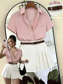 Conjunto de 2 piezas de camisa de manga corta a rayas y falda plisada de estilo casual de verano - Rosa - Ver 1