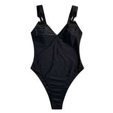 Traje de Baño de Una Pieza para Mujer 2026, Nuevo, Sexy, con Elementos Metálicos, Color Sólido y Tirantes - Traje de baño negro de una pieza - Ver 6