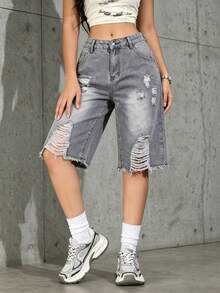 Petite Women's Classic Washed Denim Jeans With Cutout Design, Suitable For Beach Wear Casual Summer - Light Grey - View 3