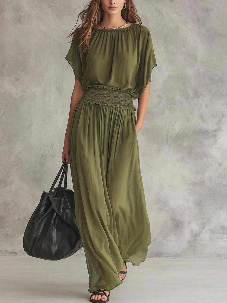 Elegant And Refined Long Chiffon Dress With A Gathered Waist, New European Fashion Summer 2026 For Women - Dark Green - View 3