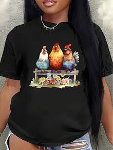 This Lightweight And Durable Short-Sleeved T-Shirt Features A Striking Chicken Design And Is Perfect For Casual Outings At Home Or Restaurants, Offering A Comfortable Everyday Wear Experience. - 黑色 - 查看 7