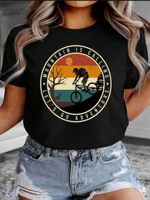 Camiseta Deportiva Casual para Mujer con Gráfico Vintage de Ciclista de Montaña - Camiseta Negra Elástica de Cuello Redondo, Lavable aáquina, Ajuste Cómodo y Perfecta para Todas las Estaciones. - Negro - Ver 6