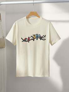 Graphic Print T-Shirt, Short Sleeves, Round Neck, Casual Top For Summer And Spring, Women's Clothing, Women's Winter Clothing - 杏色 - 查看 3