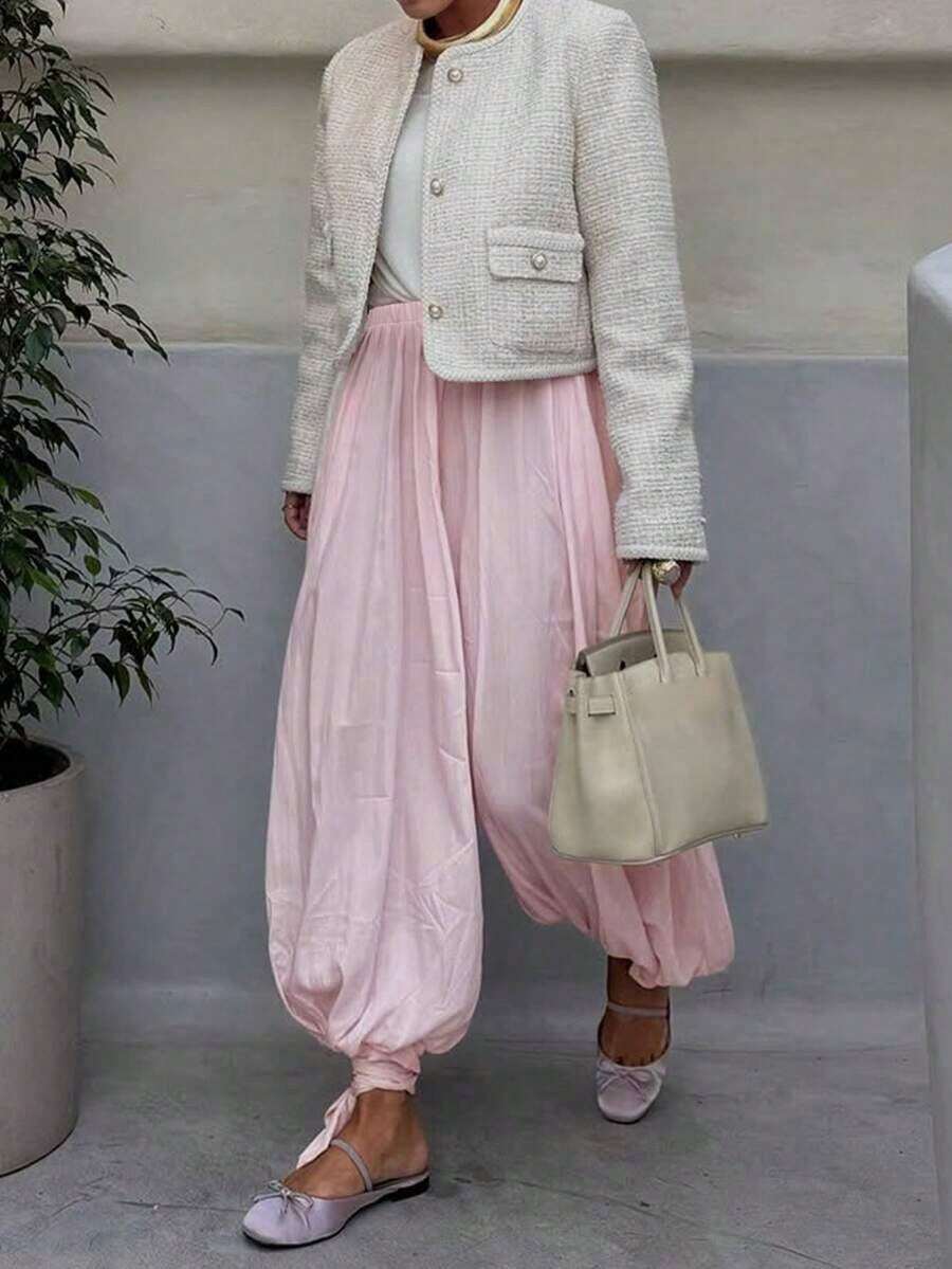 Nuevos pantalones elegantes de moda casual con lazo, plisados y de farol, adecuados para exteriores, viajes, diario, vacaciones, oficina, todo el año, color negro primaveral - Rosa - Ver 1