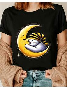 Women's T-Shirt Unique And Creative Design Graphic T-Shirt With Cat And Moon Pattern For Women, Fashionable For All Seasons, Casual, Comfortable, Popular, Soft, For Daily Outdoor Activities Pixianai01, Short Sleeve Top With Round Neck, Suitable For All Seasons. - 黑色 - 查看 7