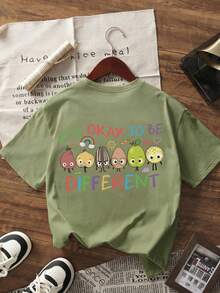 Kaos Pullover Lengan Pendek Bermotif 1 Potong untuk Anak Perempuan Remaja, Atasan Pakaian Musim Panas untuk Siswa dan Anak-Anak Muda - Olive Green - View 2