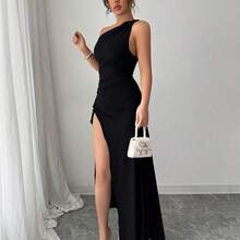 Nuevo vestido negro asimétrico sexy con hombro plisado, recorte hueco y abertura alta, adecuado para vacaciones, citas y fiestas en verano - azul real - Ver 6