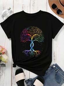 Women's White T-Shirt With Colorful Tree Of Life Design - Unisex Urban Vintage Style, 100% Cotton Short Sleeve T-Shirt With Round Neck - 黑色 - 查看 4