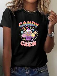 CANDY CREW Short-Sleeved T-Shirt With Round Neck, Perfect For Casual Wear In Spring And Summer, Designed For Women. - Black - View 7