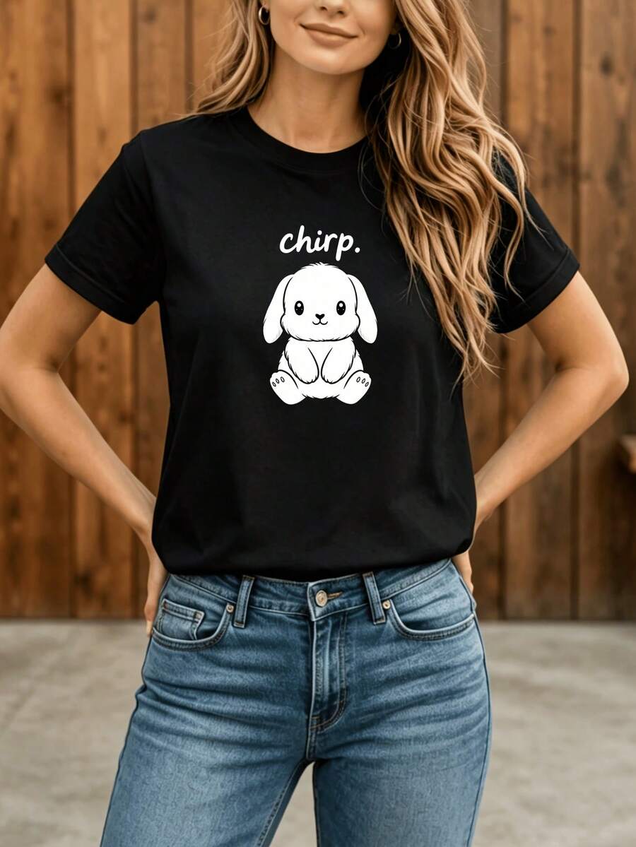 Camiseta Deportiva Casual para Mujer --Shirt Negra con Diseño de Perro de Cuento en Blanco, Elástica y de Cuello Redondo, Lavable aáquina, Ajuste Confortable para Todas las Estaciones. - Negro - Ver 1