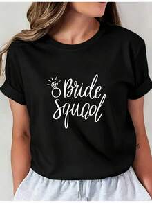 Camiseta Estampada para Mujer Bride - Camiseta Casual de Manga Corta y Cuello Redondo en Negro, Corte Relajado para Todas las Estaciones, Perfecta para Uso Diario y Celebraciones de Boda (Lavable aáquina). - Negro - Ver 6