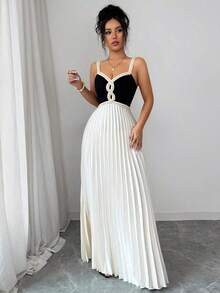 Vestido plisado de línea A con cintura ceñida, cuello en V sin mangas y contraste de colores, vestido elegante y romántico delicado para mujeres, temporada de bodas, fiestas, con decoración de ribete floral - Multicolor - Ver 5
