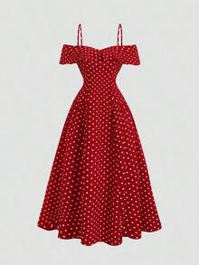 Vintage Polka Dot One-Shoulder Fitted Dress With Ruffles, Elegant Red Cocktail Dress For Valentine's Day, Christmas, Versatile - 黑色 - 查看 6