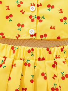Set de 2 piezas de top sin mangas con estampado de cerezas y lazo colorido + falda plisada para niñas jóvenes, adecuado para vacaciones y uso al aire libre - Amarillo - Ver 6
