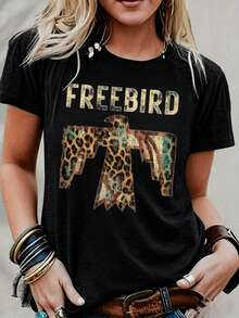 Bird, Leopard And Eagle Print T-Shirt - Bohemian Style Clothing For Music Lovers | Retro And Fashionable Combined Fabric T-Shirt, Breathable And Comfortable. - 黑色 - 查看 6