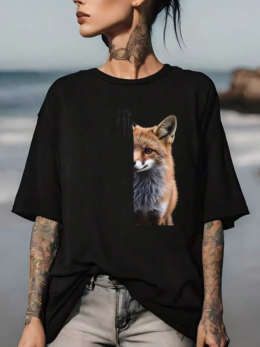 Camiseta con Estampado de Zorro para Vacaciones de Verano - Perfecta para Reuniones Familiares, Regalos Navideños y Fiestas de Trabajo, Estilo Básico Universal - Negro - Ver 1