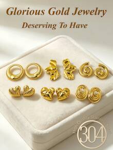 12 Pieces / 6 Pairs Of Summer Beach Vacation Accessories. Elegant Gold Stud Earrings Set, Including Threaded Hoop Earrings, Pleated Leaf Earrings, Spiral Vortex Earrings, Horizontal Striped Heart Earrings, Hammer Pattern Heart Earrings, Multi-Layer Hoop Earrings. 18K Gold-Plated 304 Stainless Steel Hypoallergenic Earrings - Stainless Steel Set - View 2