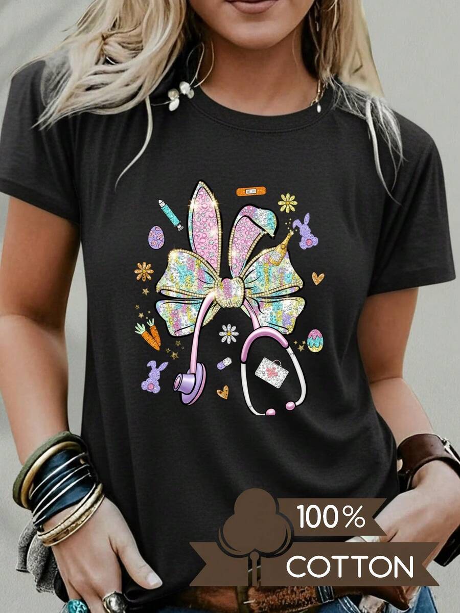 Women's Casual Blouse, Simple Style For Daily Wear, Round Neck T-Shirt With Letter And Anime Print, Simple Design, Comfortable And Breathable, Suitable For Daily Casual Wear, Showing A Natural And Elegant Style, A Must-Have For Summer Parties, Local Shipping. - 黑色 - 查看 1