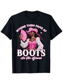 Black Denim Print T-Shirt - Western Culture Themed T-Shirt With The Slogan "Where The Fans At Boots On Da Gro" And Design, Casual Short-Sleeved Crew Neck T-Shirt, Suitable For Country Music Fans, For Everyday Wear And As A Holiday Gift. Cute Clothing, Fun T-Shirts For Women, Suitable For All Seasons And Any Occasion. - 黑色 - 查看 1