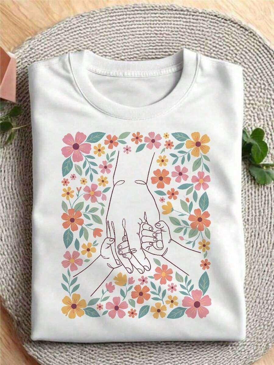 Women's Boho Floral Style T-Shirts For Mother's Day, Spring And Summer, New Style. Elegant Women's Clothing. Essential Gift Items: Women's Spring-Summer Style T-Shirt, Short Sleeve, Round Neck, A Thoughtful Gift For Friends Or Family - 白色 - 查看 1