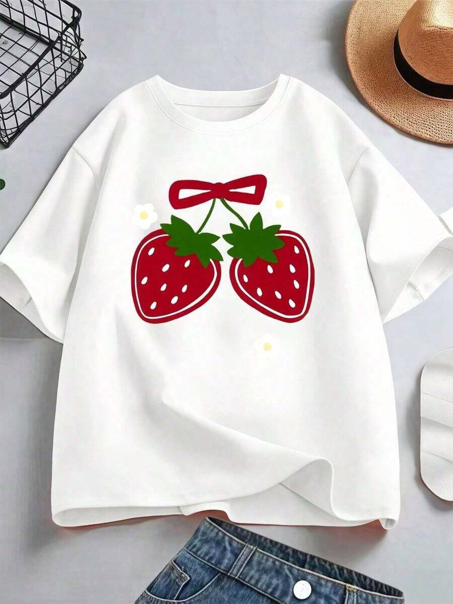 Camiseta de manga corta para niñas, cuello redondo, estilo casual y cómodo, 95% algodón, estampada. - Blanco - Ver 1
