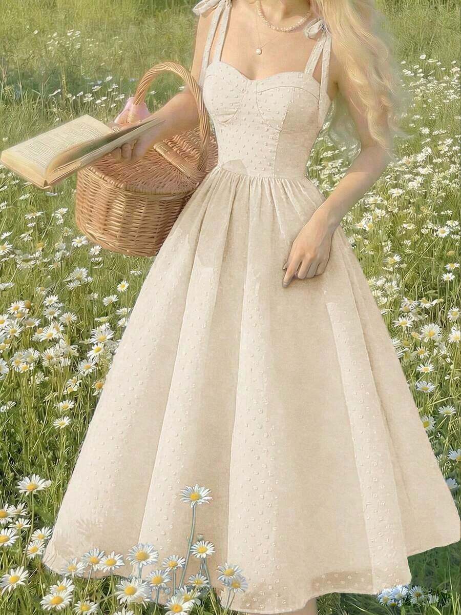 MOD Vestido de verano con estampado floral y tirantes anudados para mujeres, vestido largo con estampado floral para primavera, vestido de vacaciones, vestido de fiesta, atuendos de campo, ropa de playa de vacaciones, vestido bohemio para mujeres, atuendos de cumpleaños para mujeres, vestido de primavera y verano, atuendos para brunch - Albaricoque - Ver 1
