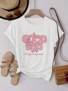 Women's Casual White Round Neck T-Shirt with Pink 'Good Days Always in My Mind' Butterfly Graphic Print, Short Drop Shoulder Sleeve Top - Blanco - Ver 2