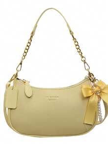 1 pieza Bolso de hombro de piel de PU de unicolor para mujer, bolso cruzado versátil para ir al trabajo, correa de hombro ajustable - Amarillo - Ver 7