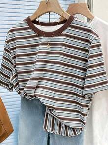 Camiseta de mujer de manga corta a rayas de colores vintage, top casual de cuello redondo para el verano - Multicolor 4 - Ver 3