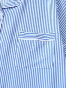 Striped Print Plus Size Women Bubble Crinkle Short Sleeve Shorts Pajama Set - Blue - View 4