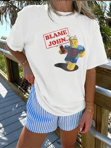 Blame John - Camiseta de manga corta con cuello redondo y estampado gráfico, informal, para mujer, transpirable y cómoda. - Blanco - Ver 1