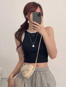 Top corto de tirantes de unicolor casual para mujer - Negro - Ver 3