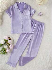 Set de 2 piezas de pijama con top de manga corta y pantalones con bordado de corazón de seda sintética - Púrpura malva - Ver 3