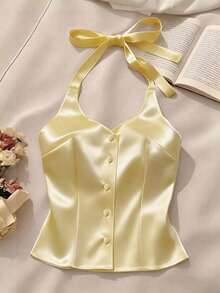 1 pieza Camiseta de tirantes finos de satén blanco sin espalda / Camiseta ajustada sexy y elegante de un solo pecho - Amarillo claro - Ver 3