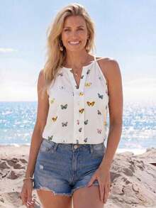 Top de tirantes con cuello halter y estampado de mariposa tejido para mujer, vacaciones - Beis - Ver 5