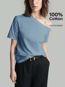 2026SS Nueva Blusa de Mujer de unicolor con Hombros Descubiertos, Uso Casual Diario, Camiseta de Manga Corta Holgada, Blusas de Verano para Mujer, Casual de Negocios, Vacaciones, Playa, Fiesta de Cumpleaños, Atuendo de Maestra, Regreso a Clases - Celeste - Ver 7